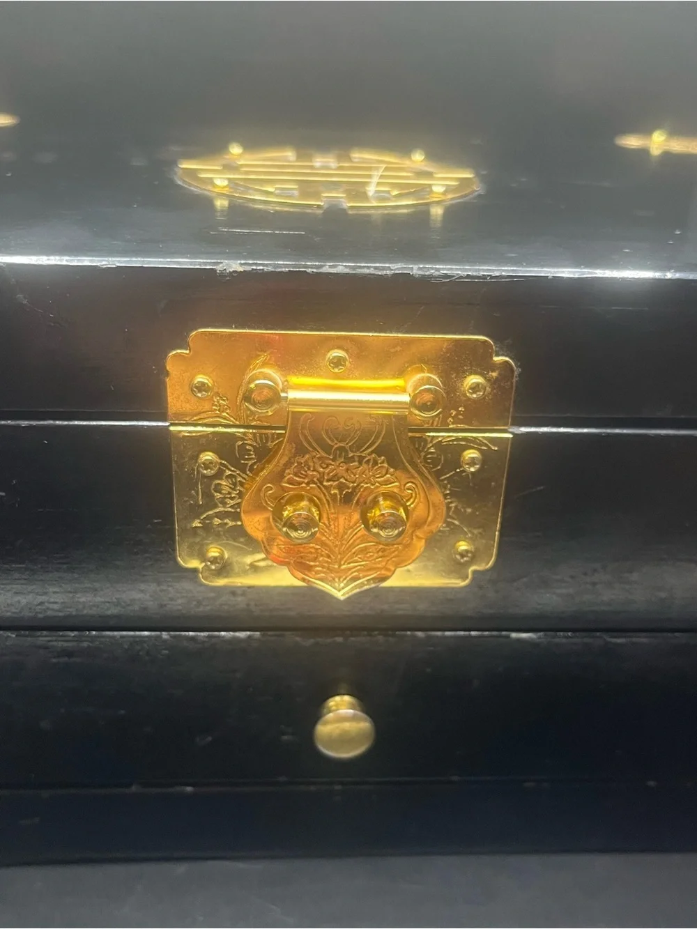 Vintage Asian Black Lacquer Jewelry Box Drawer Brass Hardware Chinese Longevity